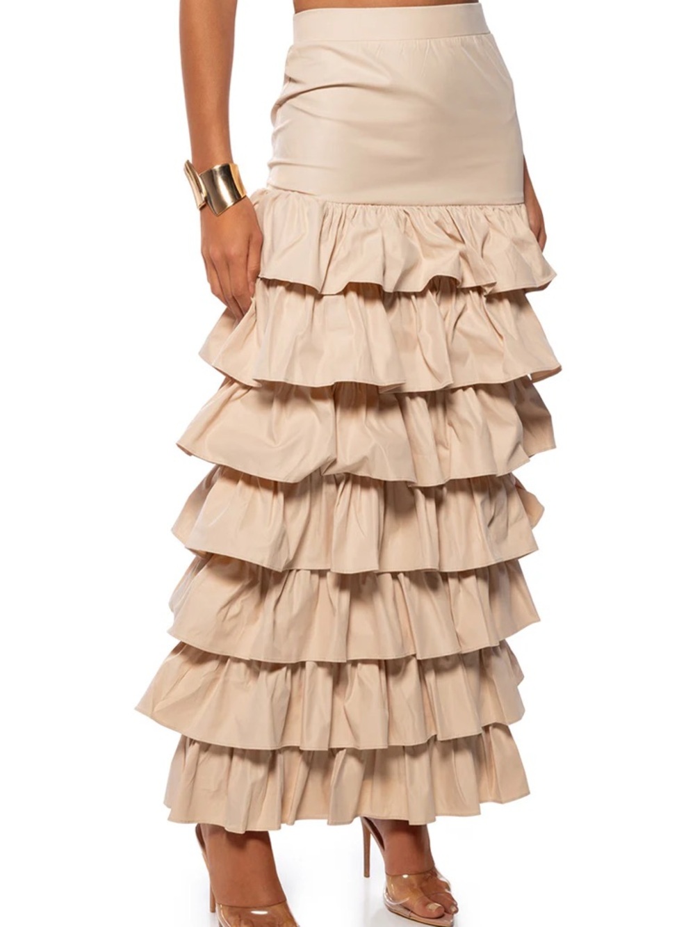 AKIRA Under The Sun Ruffle Maxi Skirt Tiered Beige Medium